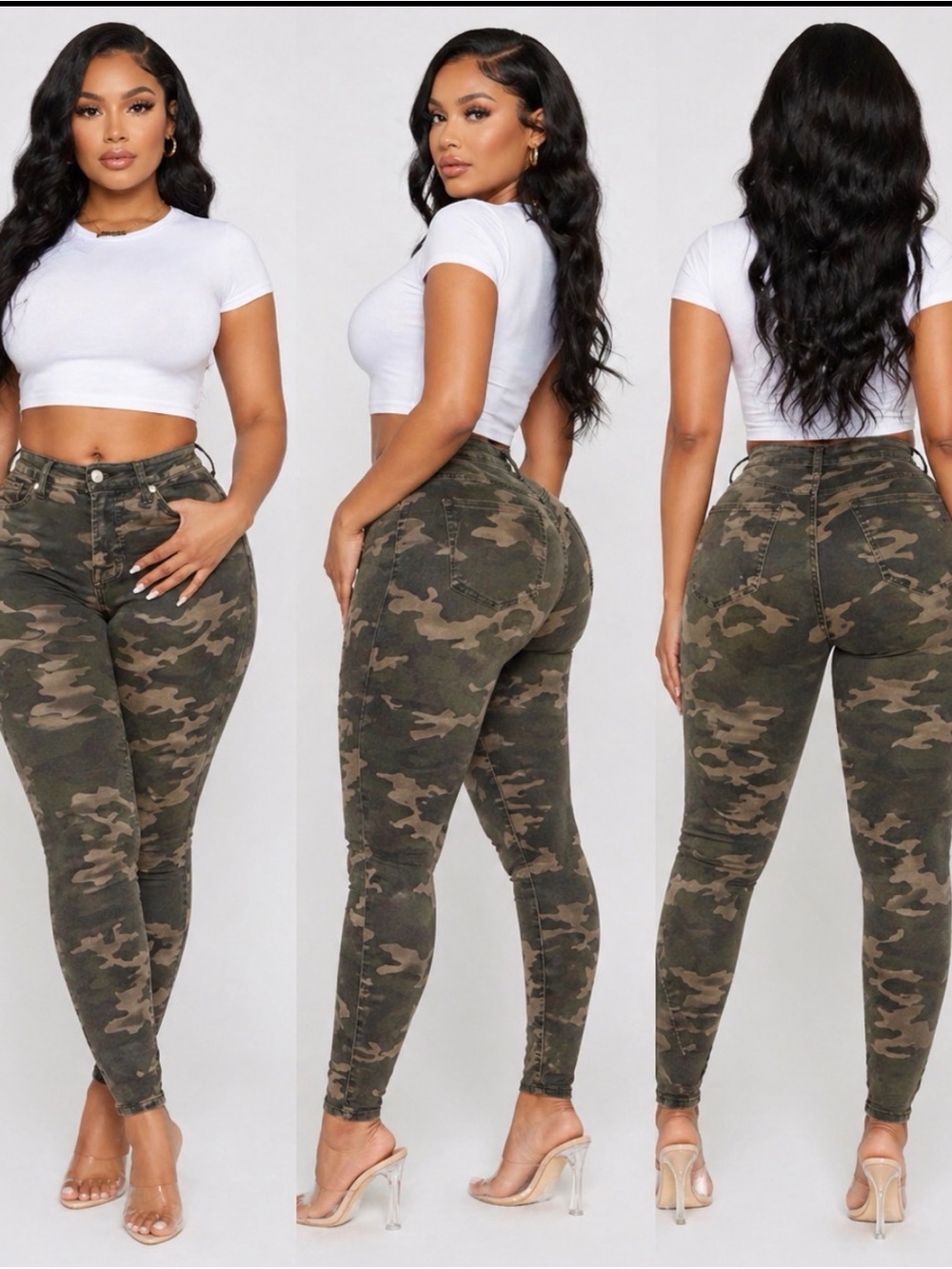 Fashion Nova Green Camo Skinny Jeans